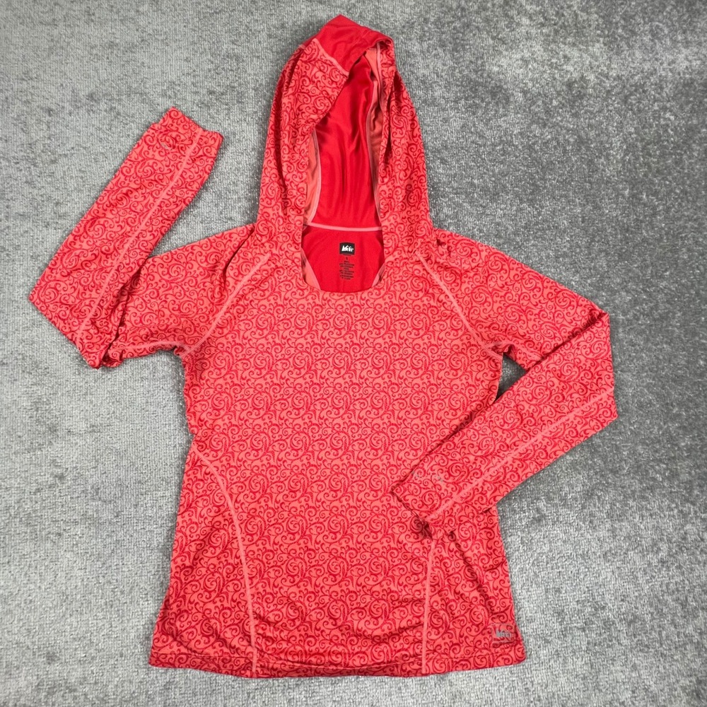 REI Womens Small Red Scroll Print Pullover Hoodie Thumbholes Active Hike Gorp